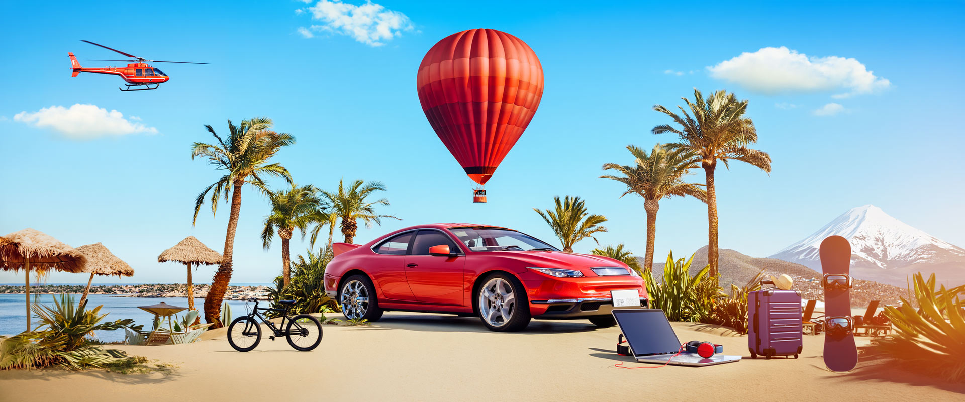 Incentive Marketing Urlaubssituation mit Palmen Ballon und Bergen und Sachpreisgewinne