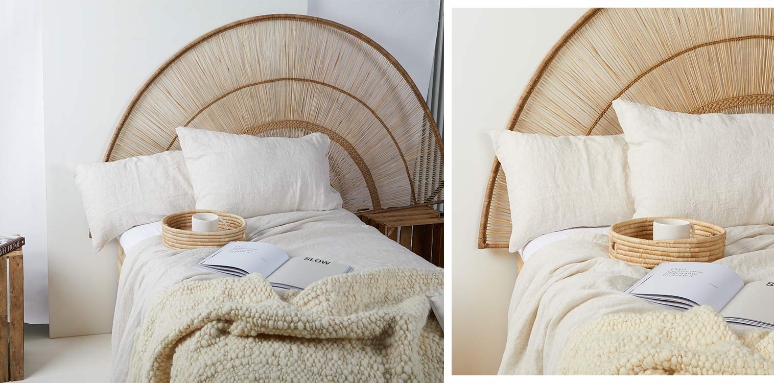 Home Decor Ambiente mit Bett und Kopfteil Bettwäsche aus Leinen